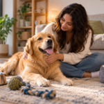 Happy golden retriever relaxing with its owner during a daily dog care routine