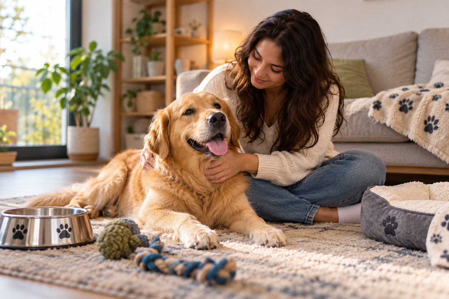 Happy golden retriever relaxing with its owner during a daily dog care routine