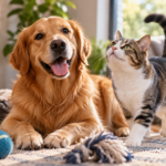 Natural pet personality photography capturing a playful dog and curious cat