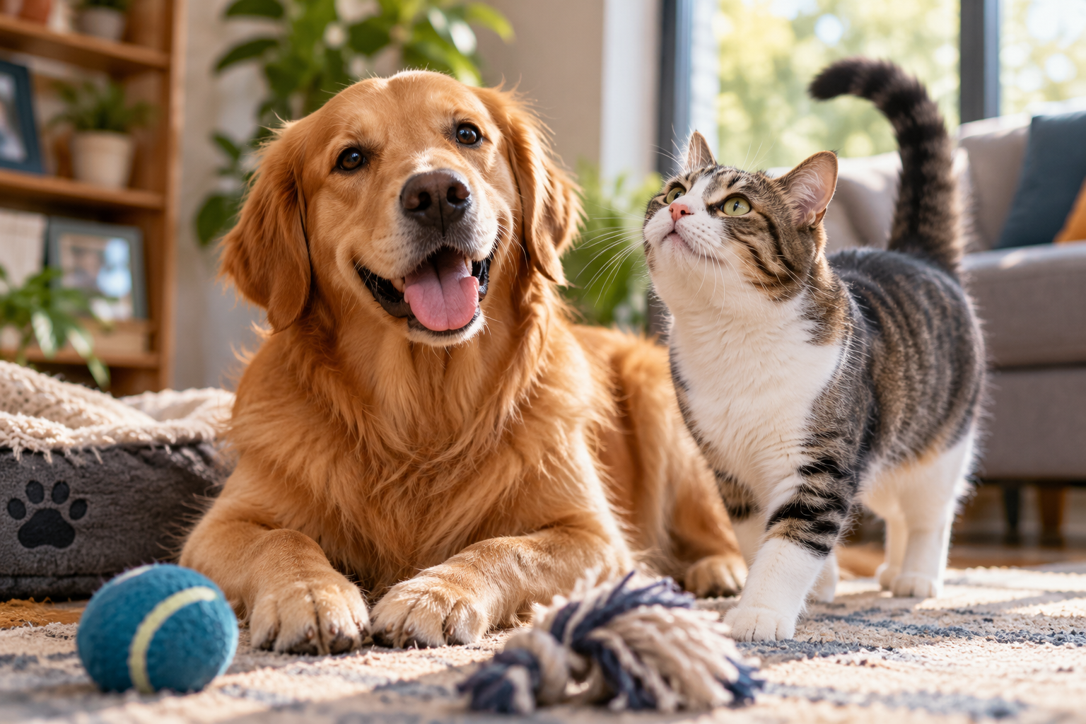 Natural pet personality photography capturing a playful dog and curious cat