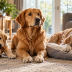 Puppy, adult and senior golden retrievers showing different dog life stages and behaviors