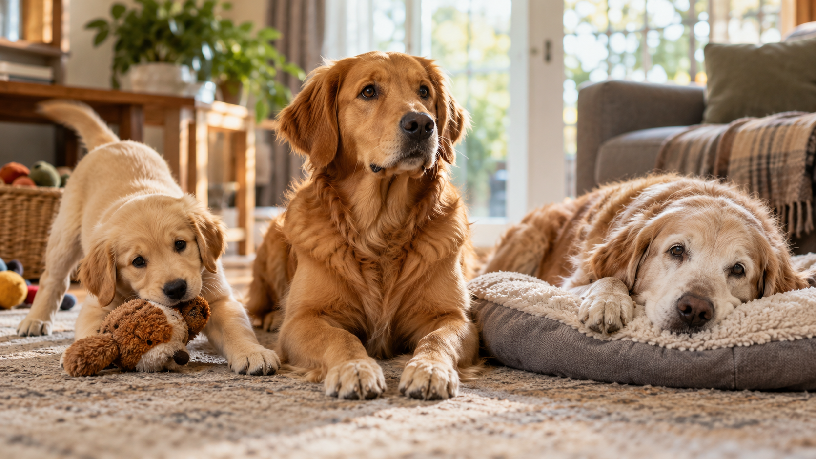Puppy, adult and senior golden retrievers showing different dog life stages and behaviors
