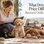 Woman comparing Oodle dog breeds and puppy prices with four Oodle puppies at home