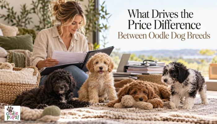Woman comparing Oodle dog breeds and puppy prices with four Oodle puppies at home